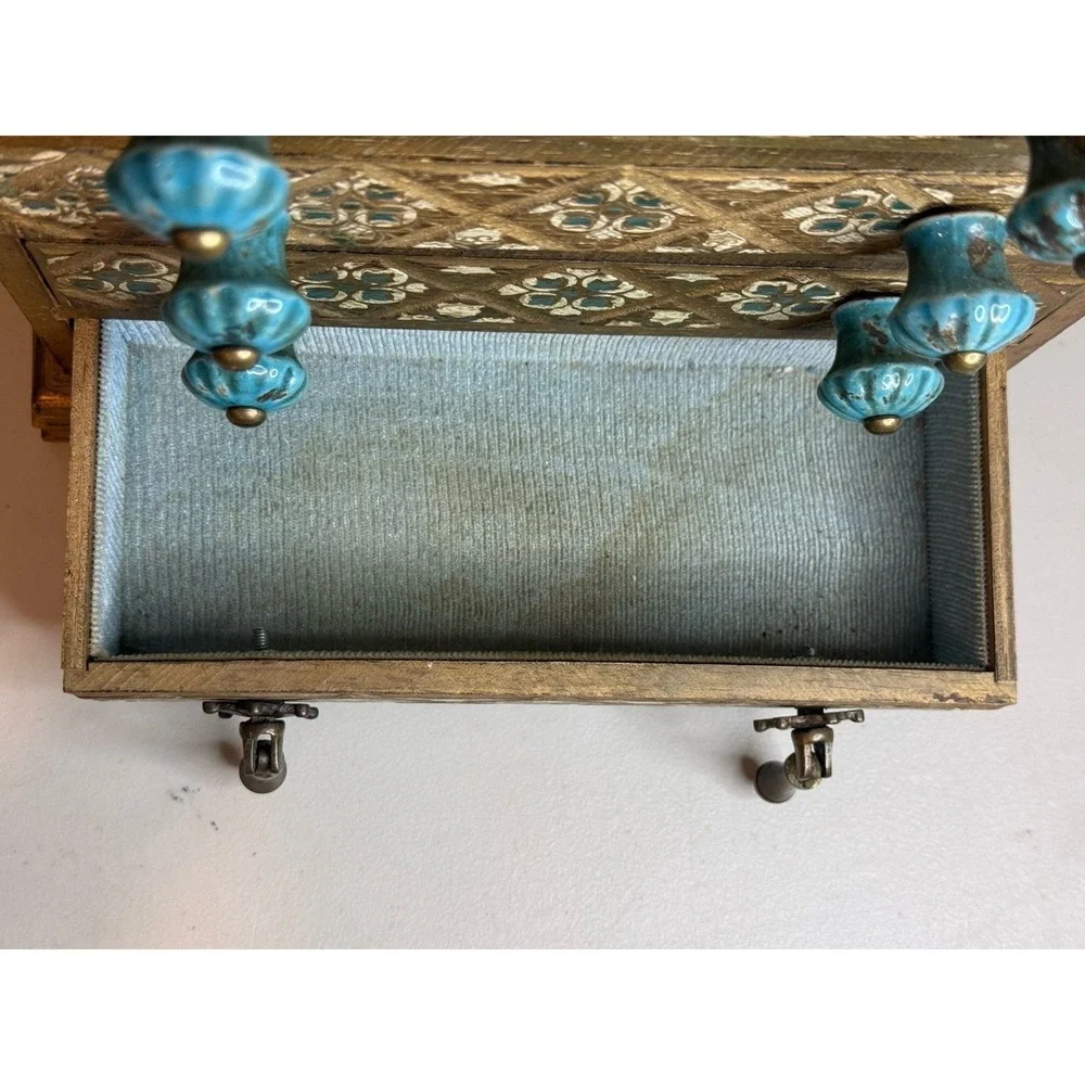 VTG Florentine Style Wooden Jewelry chest 4 Drawer Design Estate Ceramic Knobs